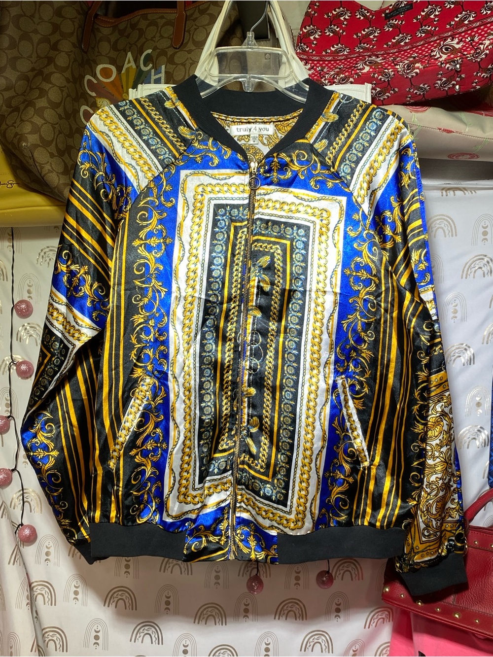 Truly 4 You Blue & Gold Patterned Bomber Jacket
